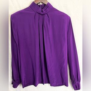 Vintage Jerri Sherman 100 Silk Blouse Women 14 Purple Pleated Mock Neck Flowy LS
